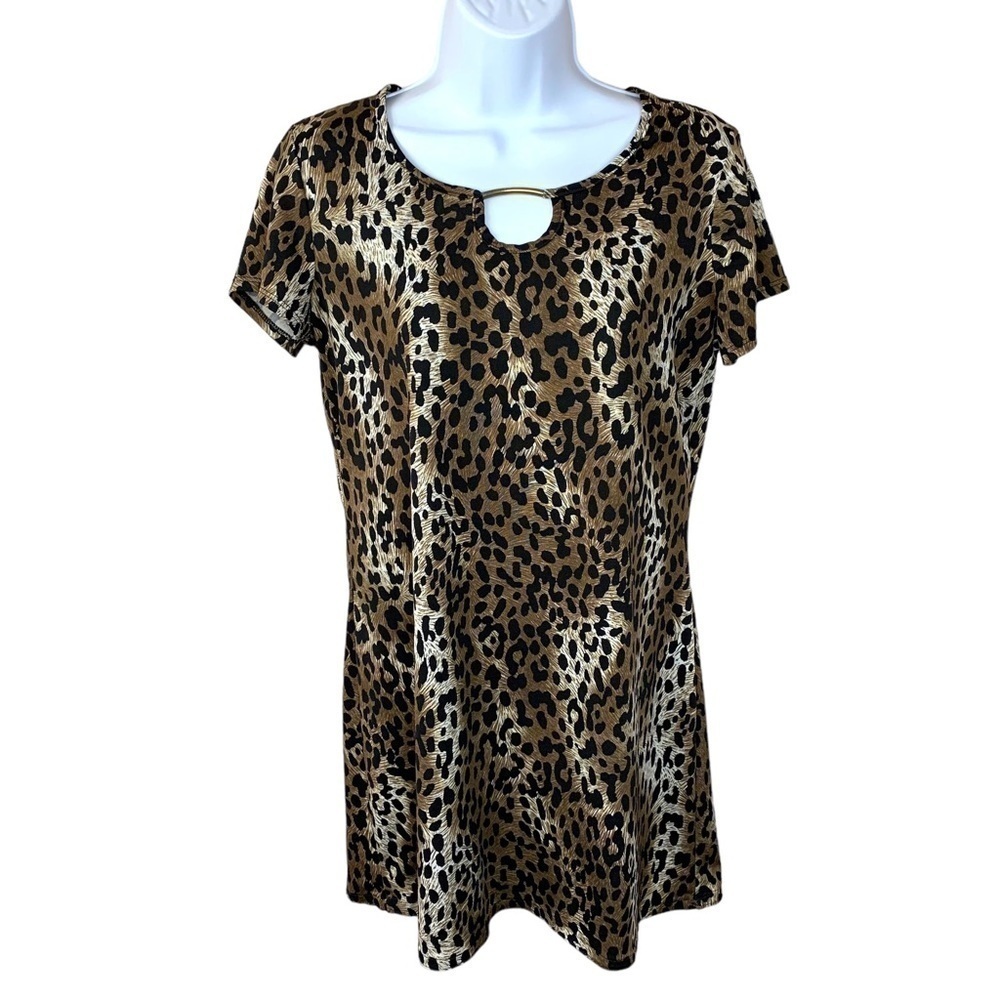 Leopard Print Short Sleeve Top Gold Accent Stretch Large Animal Print